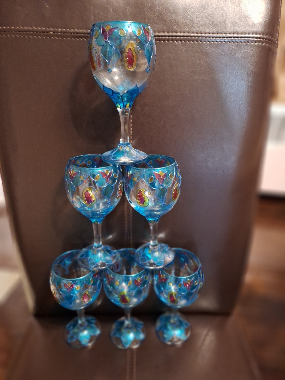 Source Unknown Blue Hand-Painted Floral Goblets with Gold Accents